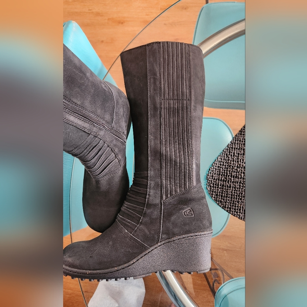 Women's Black Nubuck Keen, wedge Knee-High Boots.